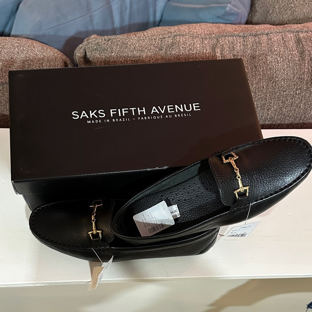 Saks Fifth Avenue Black Leather Loafers with Gold Accents